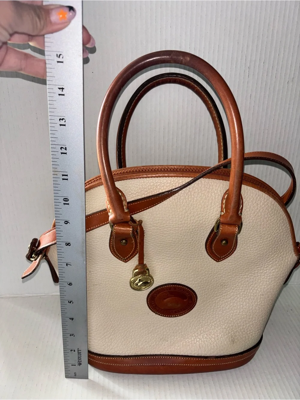 Dooney & Bourke Cream and Brown Leather Dome Satchel Handbag
